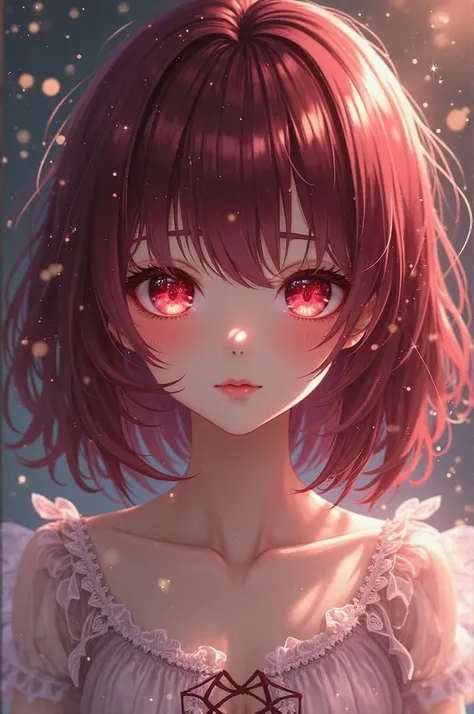  slender female girl with small breasts dark wine-red hair with a tender face with glitter in her eyes red eyes anime style