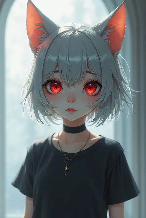 Cat girl with short silver hair in a t-shirt, red eyes, medium height, seen by the viewer.