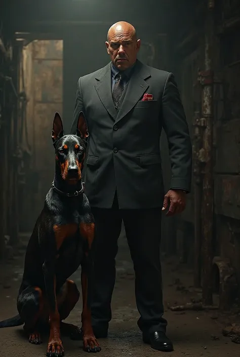 A proud man with a Doberman next to him