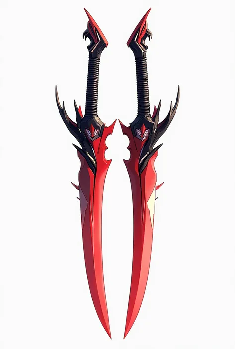 A pair of vibration-dampening daggers, custom-made, red and black color, in anime art style, white background
