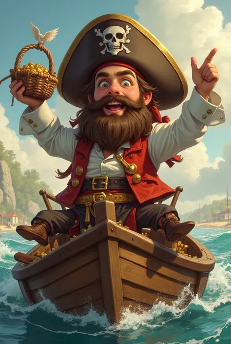 A cheerful cartoon pirate, with two bright eyes and a bushy beard, wearing a red vest, white shirt and a large pirate hat with a skull symbol, confidently sat up, riding on a wooden boat, his hand raised with a basket containing gold and diamonds.