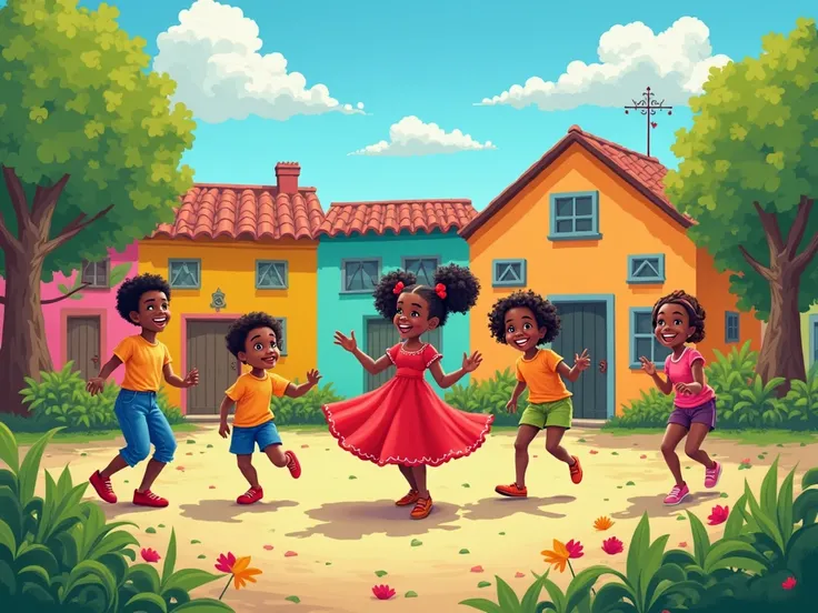 "A city full of colors and life, with houses painted in vibrant colors, green trees and a bright blue sky. ren play in the park, smiling and having fun. Bia dances happily, spinning in his flowing red dress and Maria-Chiquinhas shaking. João is sitting tel...