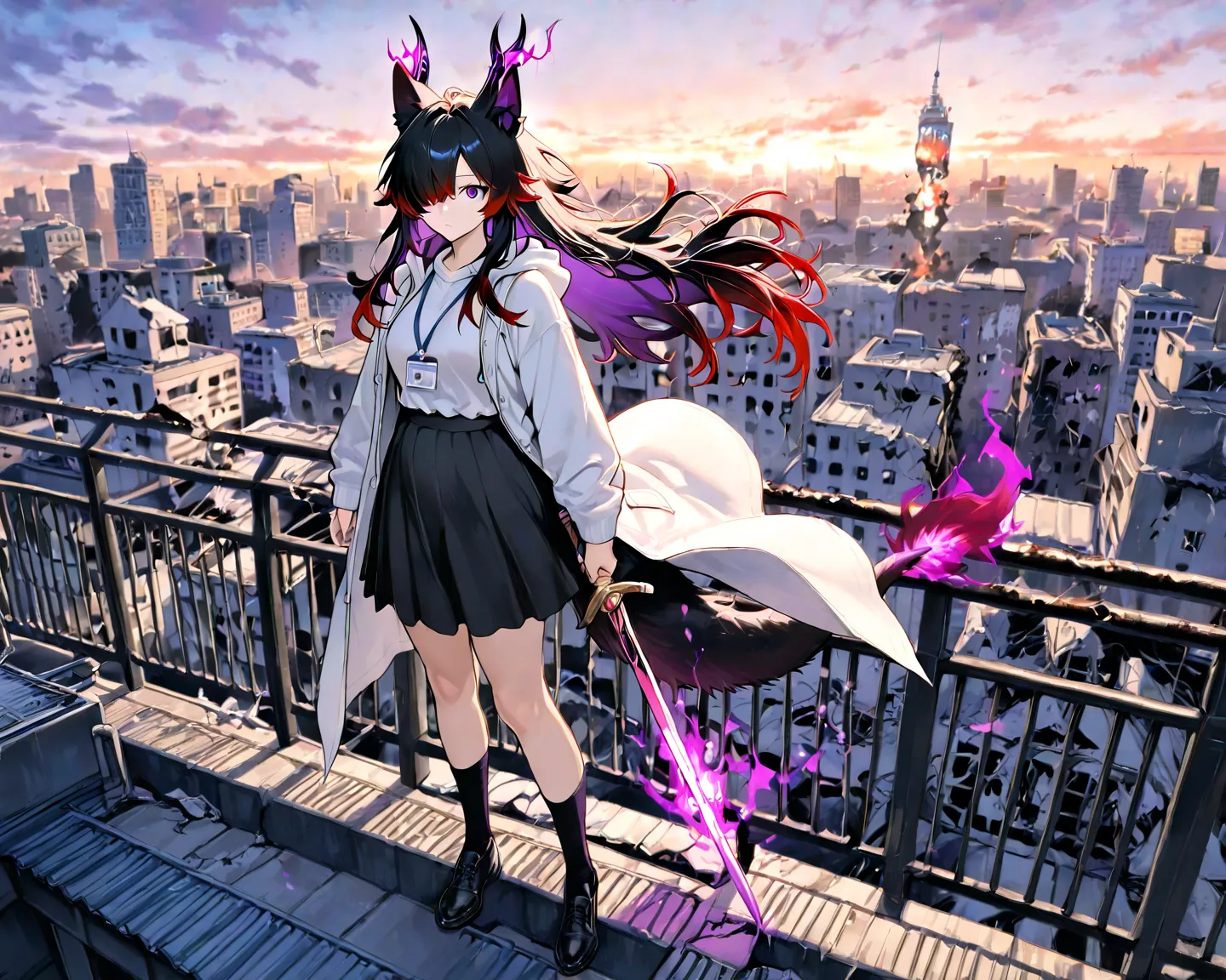 adult woman in work clothes rooftop,  black hair with red tips,
 purple inner color, 
long hair that extends to around the waist,
 right eye covered by hair ,
There is a big cut in the right eye, 
I can't see my ears due to hair,
 white long coat,
The long...