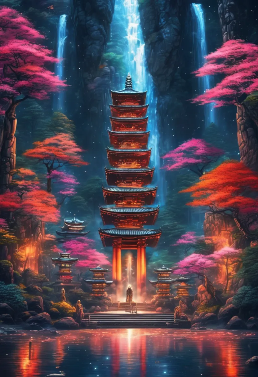 a massive, towering, colossal spiritual buddha or stone statue, many massive torii gates in the middle with paths leading to a separate dimensional universe, masterpiece, best quality, ultra-high resolution, perfection, the statues and sculptures are anima...