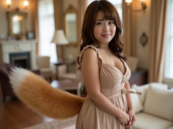 (( top quality made of straw , 8k)), ((Girl with straight brown hair)), (( photorealistic)), ( masterpiece), perfect face , ((Woman with fox ears )), ((That woman has a fox tail )), foxgirl, (Her tail is big  ), ( That beautiful woman is shy), She's a coll...