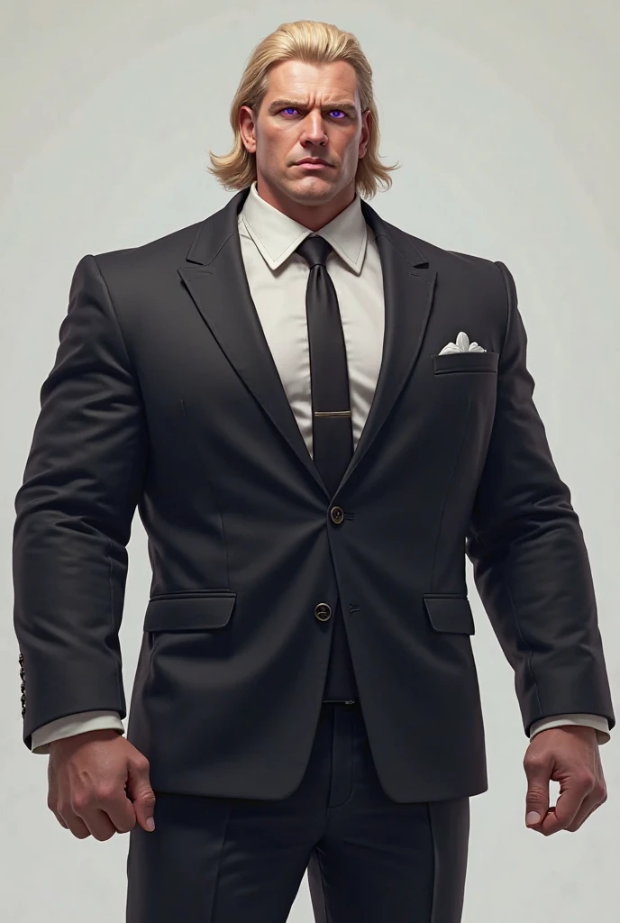 Chunky man in a suit, light blonde hair to the shoulders and purple eyes