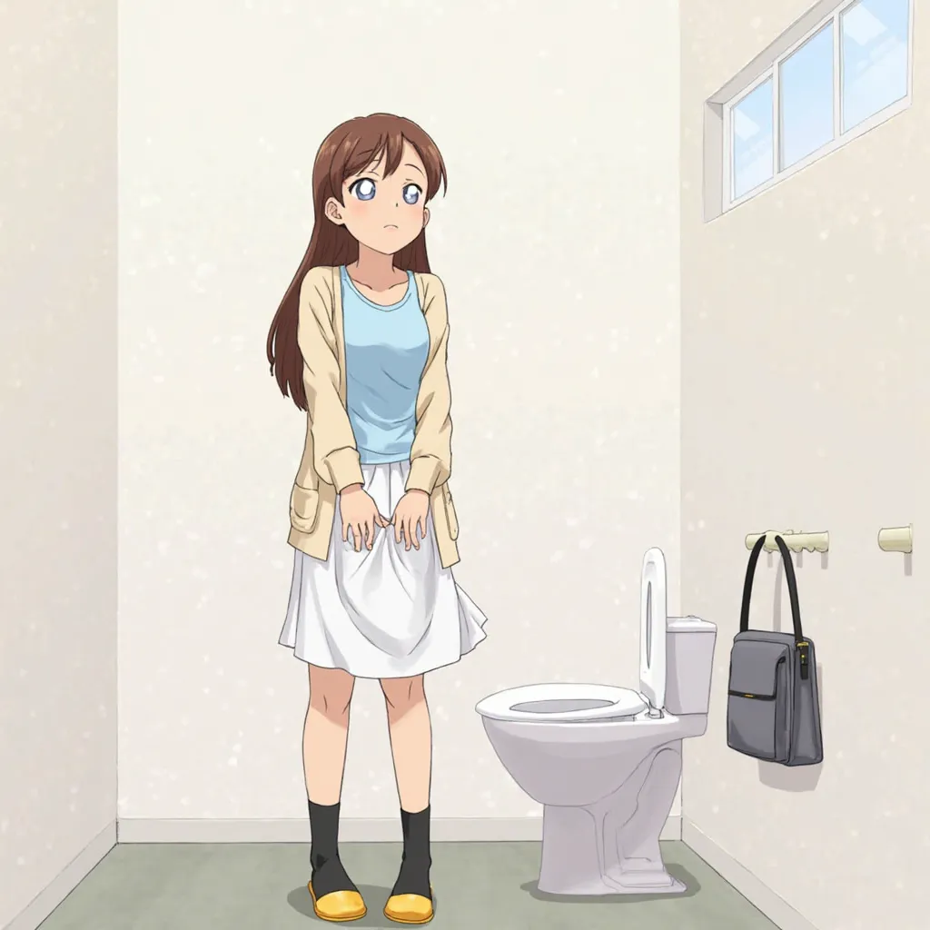 1 girl,  c cup breasts, brown hair,  fluffy extra long hair , Light blue T-shirt,  cream cardigan ,  white knee-length skirt , Black socks, Yellow slippers, white T-bag , T-bag lowered to the knee , toilets, Private room, toiletsに座る, Window on the back wal...