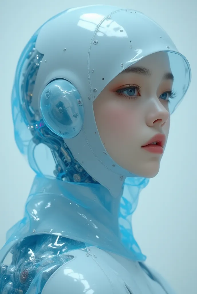 Cybernetic woman, young adult, light skin, with a translucent, blue-white, plastic-like hijab/hood covering her head and shoulders, creating a futuristic and almost armored aesthetic. The hijab curves over her head, flowing down like a translucent shroud. ...