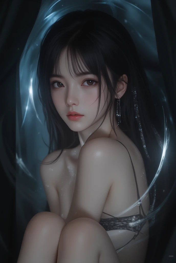  Never drawn ,  Extremely beautiful production ,  Strong Ephemeral Eyes , Transcendental charm ,  Relaxed time , She's sitting holding her lap ,  dynamic close-up ,  Beauty standing in dark, closed silence