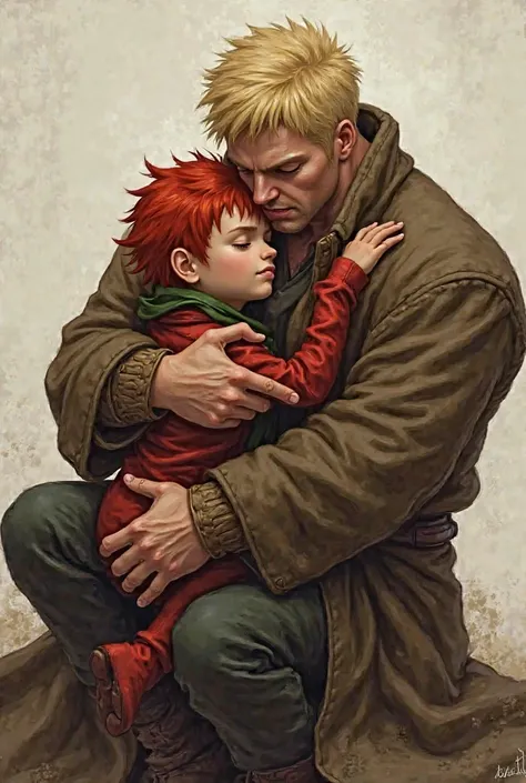 couple, An extremely strong , blonde, Wearing a brown overcoat, with thick legs and a 19-year-old red-haired boy with short hair in red and green clothes, Sitting on his lap hugging him.
