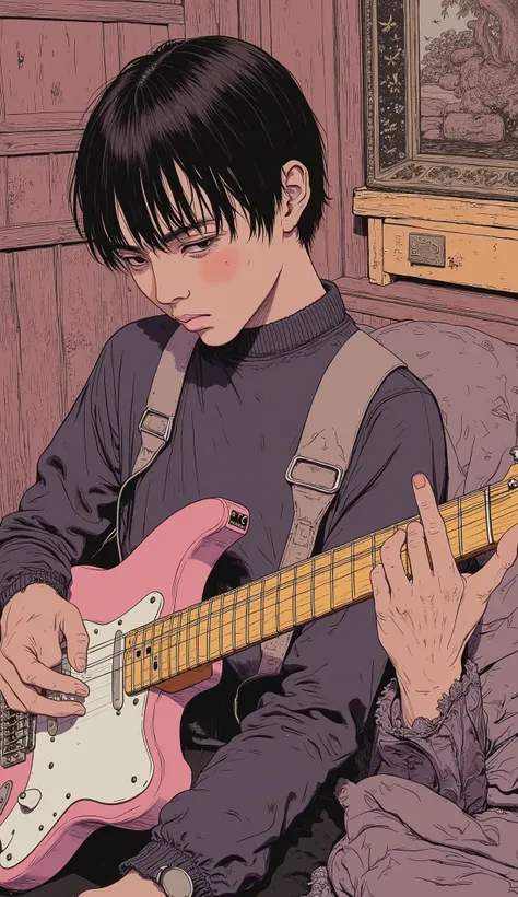 close-up of a poster of a man playing a guitar, Otomo manga, by Sadamichi Hirasawa, Set in 1992 in Japan  , 90s japan, Otomo, tetsuo hara and katsuhiro Otomo, Satoshi - Con,   peaceful atmosphere  , By Naka Bokunen