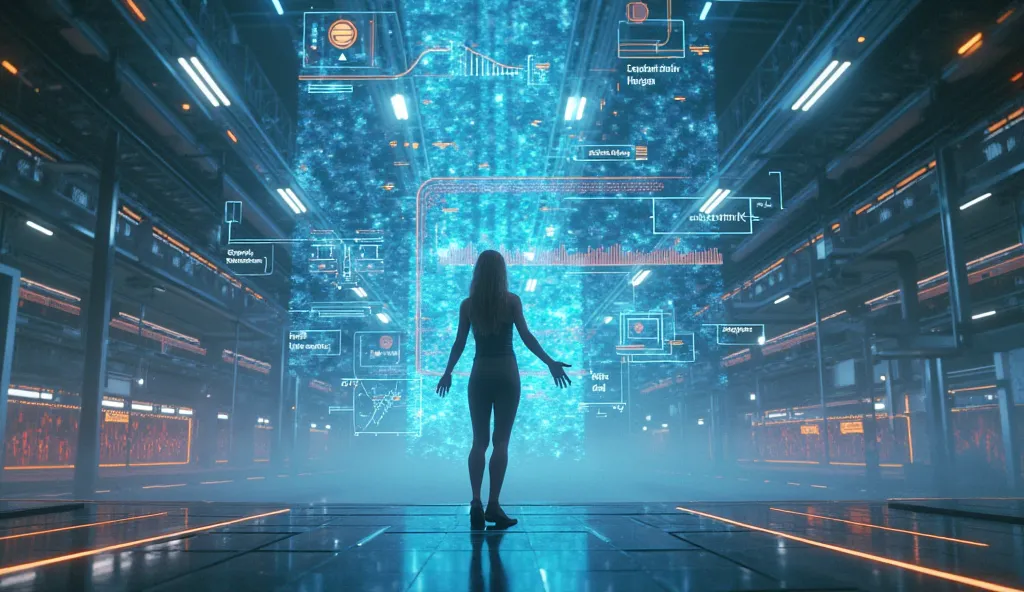 15. A futuristic visualization of a person standing in a digital world, touching a holographic interface displaying success metrics, ultra-detailed, sci-fi aesthetic.  
no words