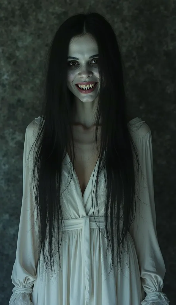 Kuntilanak in white, pale-faced,  with black hair, toothed fangs all, full body shot