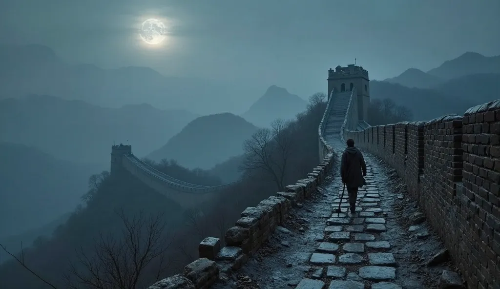 "A dark and evocative scene of the Great Wall of China under a cold, moonlit sky, stretching endlessly across the rugged landscape. The Wall stands as a monument to human perseverance, but legends whisper of the countless souls who perished in its creation...