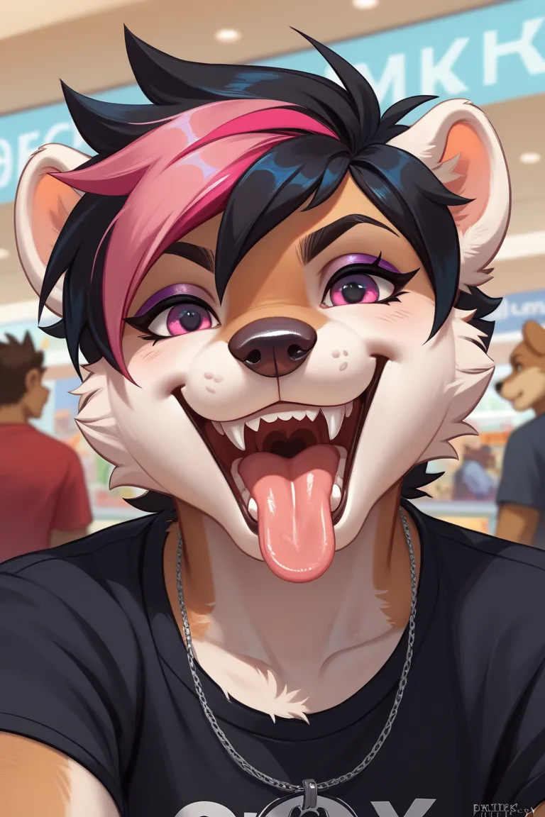 a furry otter girl, smirking expression, attractive, cartoon, close-up of her open mouth, sharp pointy teeth, long pink tongue hanging out of her mouth, short spikey black hair with a pink streak, white ears, emo furry, looking at viewer, at the mall