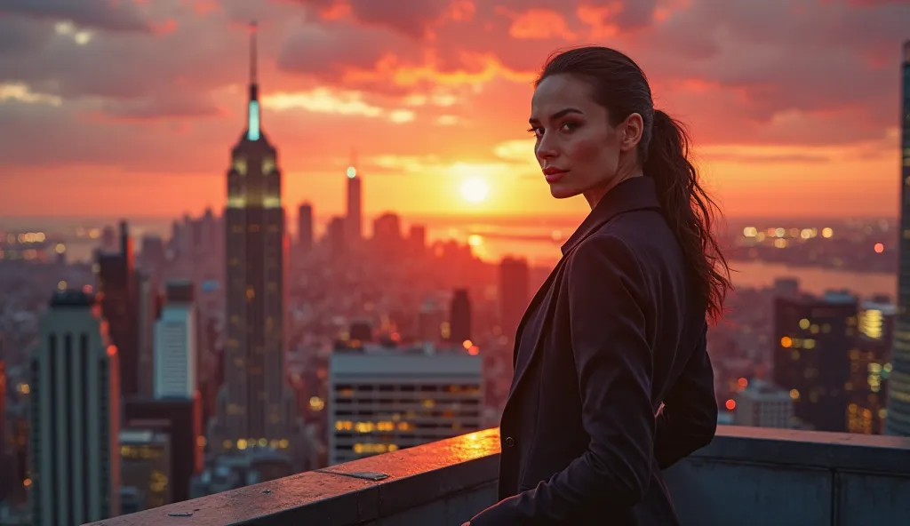 18. A confident businesswoman standing on a rooftop at sunset, looking over a bustling city skyline, symbolizing leadership and ambition, dramatic lighting.  
no words