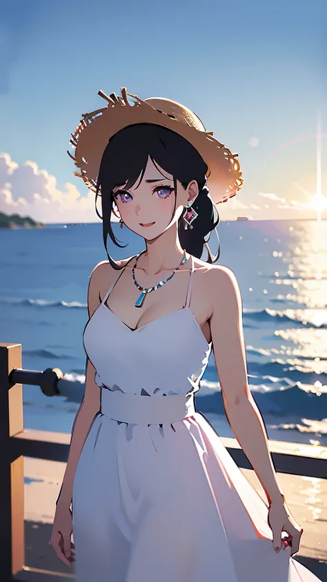 realistic,modern,In front of the station with a view of the ocean in the distance,Rural Station,summer,is a beautiful woman meeting up, thin eyebrows, rich breasts, style, light purple eyes ,Narrow eyes,high definition, black hair ponytail, Straw Hat, Whit...