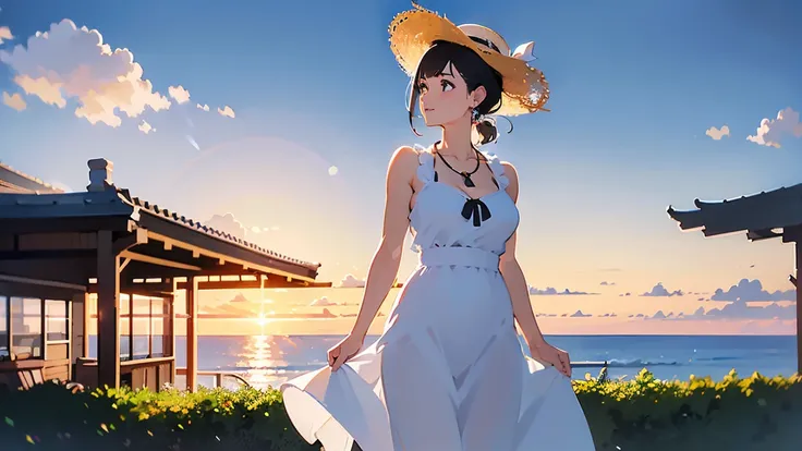 realistic,modern,In front of the station with a view of the ocean in the distance,Rural Station,summer,is a beautiful woman meeting up, thin eyebrows, rich breasts, style, light purple eyes ,Narrow eyes,high definition, black hair ponytail, Straw Hat, Whit...