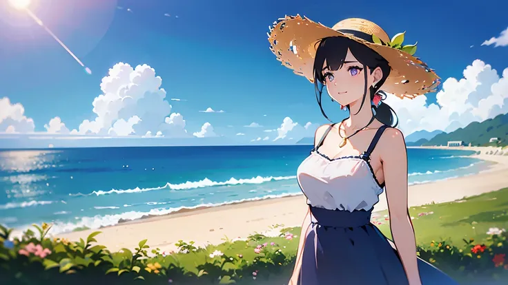 realistic,modern,In front of the station with a view of the ocean in the distance,Rural Station,summer,is a beautiful woman meeting up, thin eyebrows, rich breasts, style, light purple eyes ,Narrow eyes,high definition, black hair ponytail, Straw Hat, Whit...