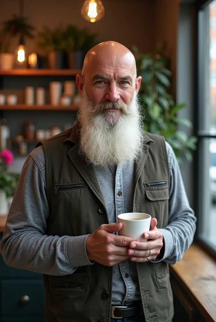  45-year-old man with bald head and long, white , well-groomed beard , Stands in a coffee shop and drinks coffee