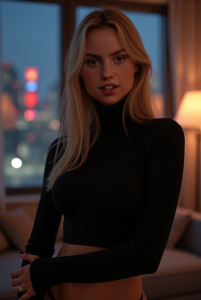 Foto hiperrealista en primer plano de Emily Sears, masterpiece, best quality, (photorealistic:1.4),  (black black black turtle neck ling long long sweater:1.1), (black lance underwear:1.2), modern New York apartment, view from windows to night in New York ...