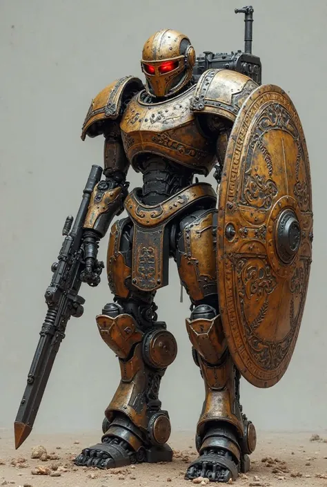 "A heavily armored combat droid resembling a Roman centurion, designed for frontline warfare. Its exoskeleton is reinforced with carbon-titanium plating, featuring intricate engravings inspired by ancient Roman armor. The droid is equipped with an energy-p...