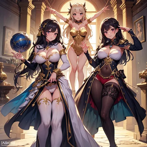 High quality, super detailed, best quality, highly detailed, beautiful, masterpiece, group of girls, adventurer, fantasy, perfect anatomy, correct anatomy, detailed outfit, detailed decoration, perfect hands, sexy pose, seductive pose