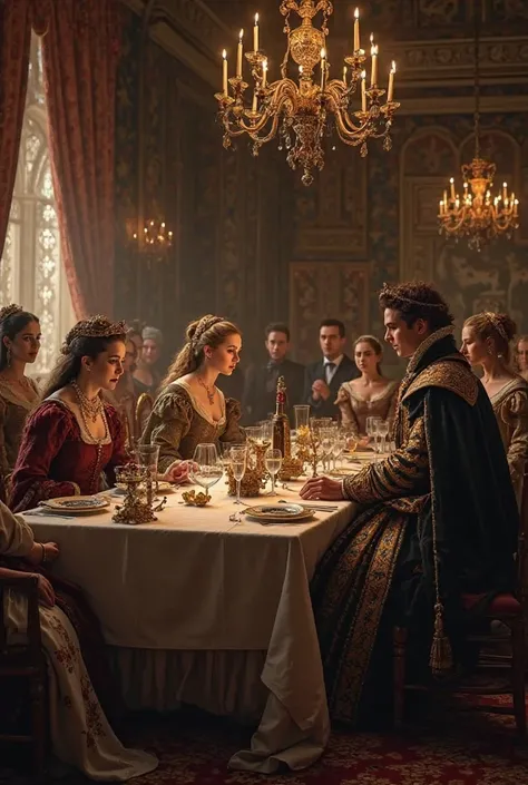 Anne boleyn eating with henry and her   in a dinner table with many maids waiting to serve her