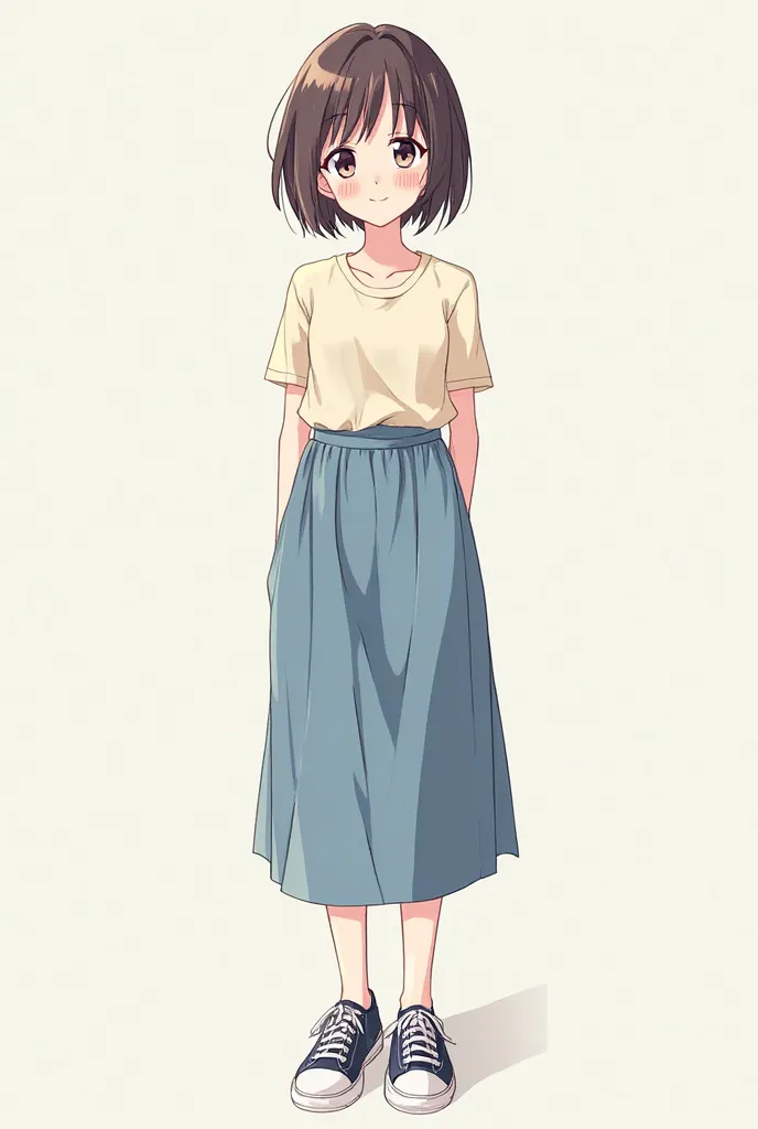  anime girl t-shirt, with short hair, with a tender face and a radiant blue dress and dark sneakers