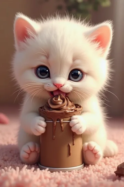 A very cute kitten sitting down eating a can of chocolate ice cream