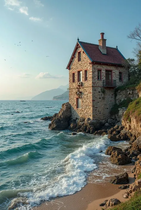 House with bricks and sea besides it 