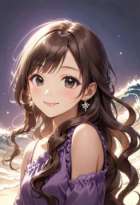 Chibi-Style, dreamy anime-style illustration, maintains a 3:1 head-to-body ratio, (cute 18-year-old girl:1.2), (long wavy hair with gentle waves:1.3), (hair flowing over one shoulder:1.3), (deep chocolate brown hair with soft sheen:1.3), (simple black eyes...