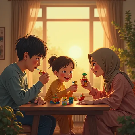 (photorealism:1.2), In the night asian young family, playing lego toys together. Background in living room The talent is father eating rectangle snack into mouth, mother wearing hijab & daughter wearing pijama, their smiling face, yellow Tonality, scenery ...