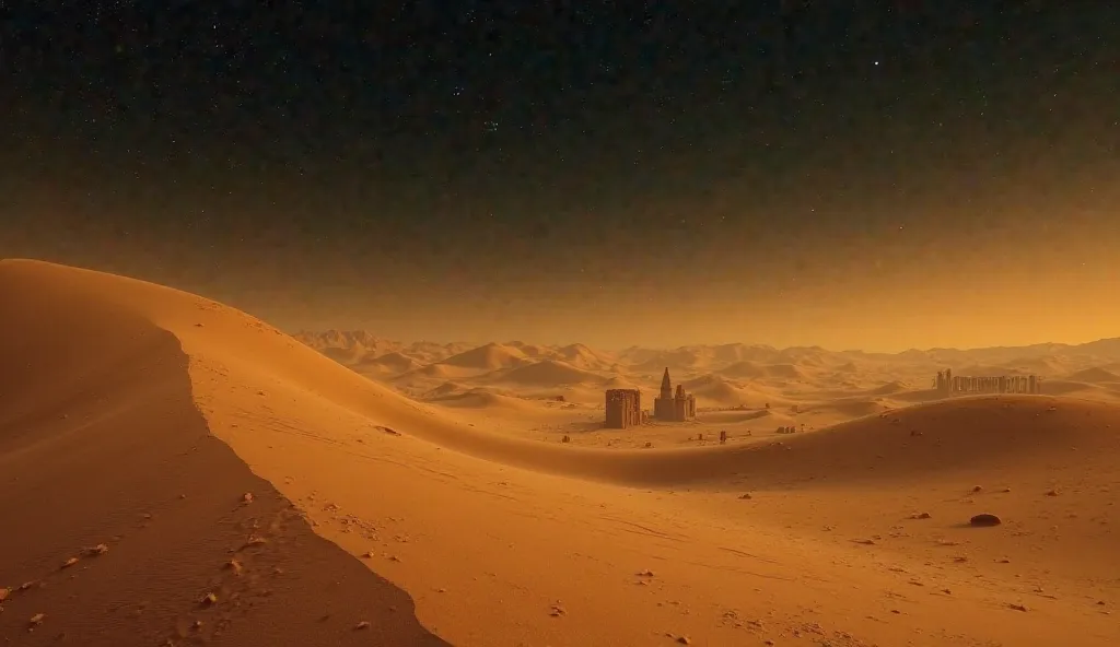 A vast, golden desert landscape with rolling sand dunes under a dark, starry sky. The faint silhouette of ancient ruins is barely visible beneath the sand, with a mysterious and eerie atmosphere. The wind gently shifts the sands, revealing hidden structure...