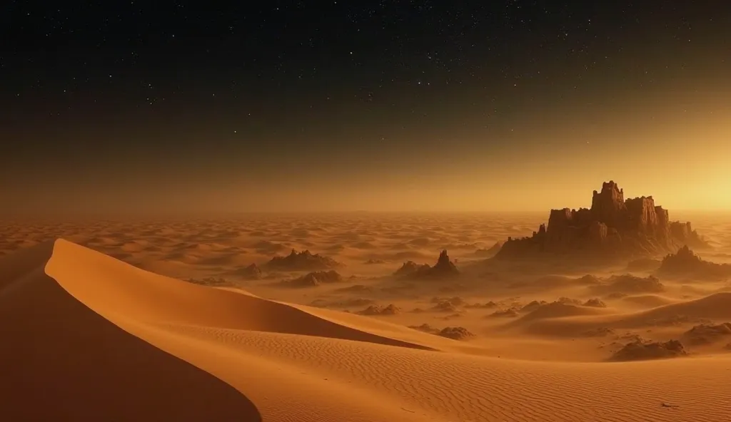 A vast, golden desert landscape with rolling sand dunes under a dark, starry sky. The faint silhouette of ancient ruins is barely visible beneath the sand, with a mysterious and eerie atmosphere. The wind gently shifts the sands, revealing hidden structure...