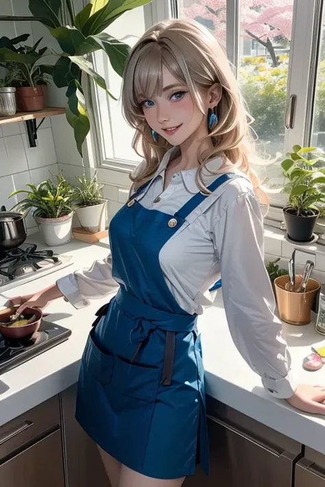 (from above:1.1),((1girl, silverblonde hair, long hair, qutel blue eyes, beautiful eyes, pretty smile:1.5, ), coloring watercolor digital pencil ,Cherry blossoms falling,an animated painting of a woman in an apron standing at a coffee maker, 1girl, brown h...