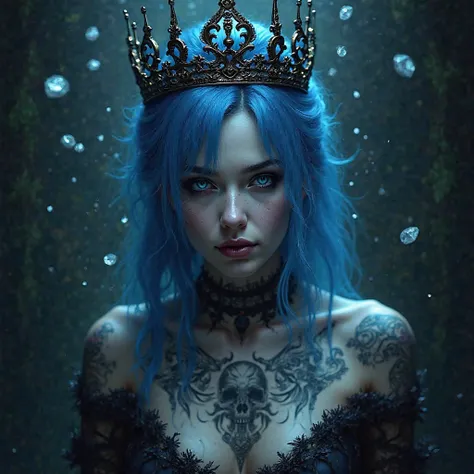 Create an image of a woman with blue hair and blue eyes, she has a demonic look, she wears a crown and is tattooed with a skull in a very dark atmosphere with a shower of diamonds. 