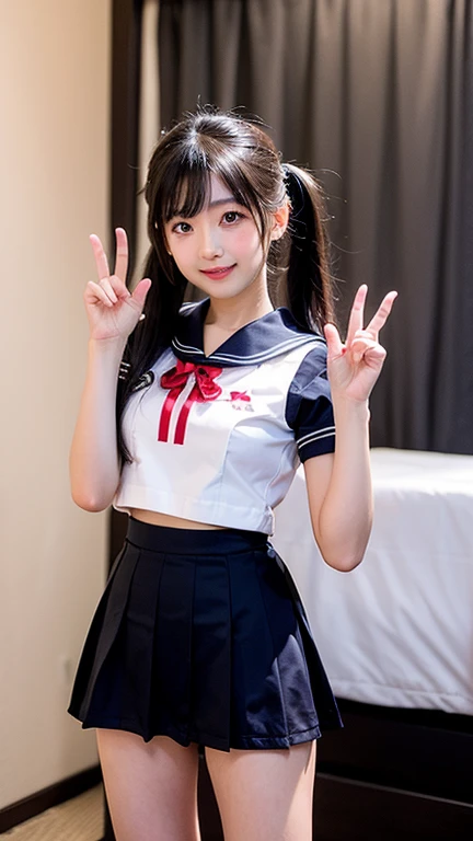 Japanese girl's twin tail sailor suit, mini skirt with both hands raised and peace underwear visible