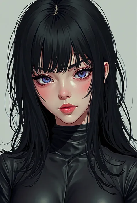 A woman with long black hair, with a messy fringe. Expressive purplish blue eyes, of fair complexion with flushed cheeks. Dressed in a leather outfit, typical of contract killers. webtoon style