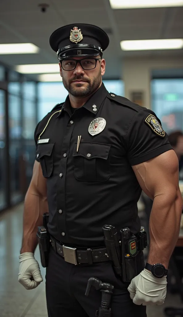 full body, He's a very strong man，Very manly police. Wearing a black hat and black glasses. short sleeve black uniform, Short beard，Wearing white gloves.，I'm showing off my biceps，The background is a police department office
