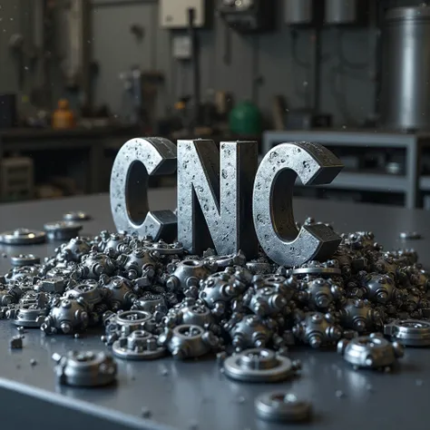 A pile of CNC machined metal parts, scattered and stacked, with visible machining marks on the surface, reflecting a cold metallic sheen. In the center of the pile, the letters "CNC" are prominently displayed, crafted from metal with intricate machining pa...