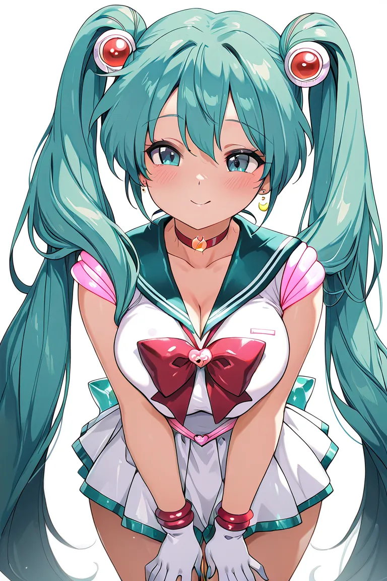 masterpiece, the best quality, 4k, A girl, alone, hatsune miku, with Sailor Moon clothes combined with Hatsune Miku clothes,  front stop, looking at the spectator,  Simple background ,  white background, hands around the waist, two big pigtails in the hair...