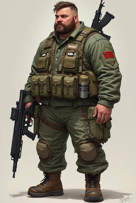 Army soldier .Height 4 feet .Bokutu hair short beard .Name tag with Tiwanka name on the suit .4 guns and 5 bombs hanging on the suit .A little fat short guy .