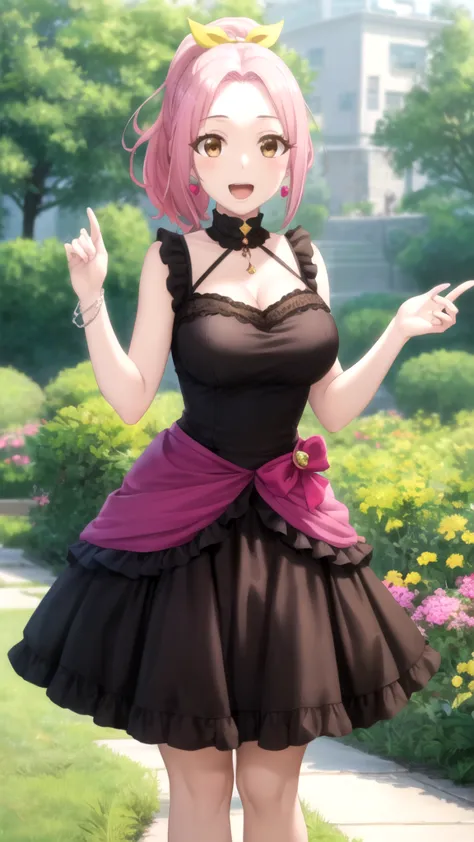 Masterpieces, Best Quality, girl, looking at viewer, maria sarushima, short hair, (brown eyes:1.3), pink hair, ponytail, ribbon, hair ribbon, large breasts, Genshin Impact cosplay, princess Dress, standing, smile, open mouth, outdoors 