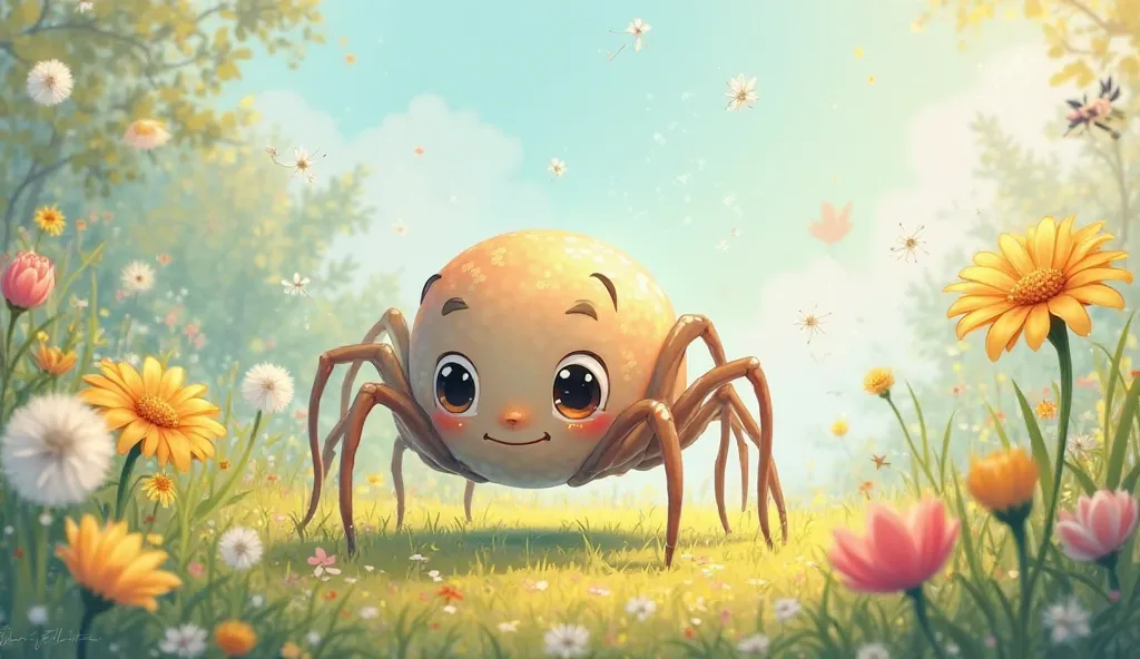 A cute cartoon spider, cute cartoon illustration, story illustration, anime style