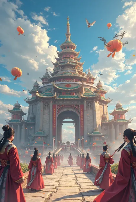 Anime, Create a mid sized righteous sect similar to a knights castle with cultivators in traditional chinese clothing standing as guards and flying in the air on swords with a bright cheery sky 4k ultra detailed image.