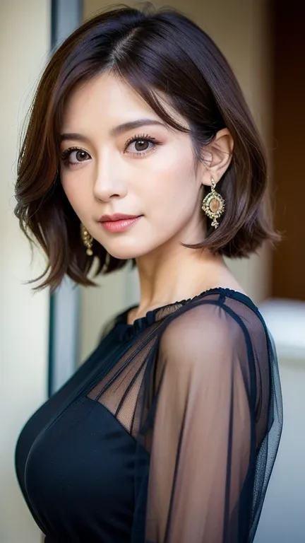 (best quality, masterpiece:1.2), ultra high res, raw photo, photorealistic, full color, Japanese, 1 woman, 65 years old, elegant pretty face, realistic eyes, round face, small breasts, medium hair, long bob, formal dress