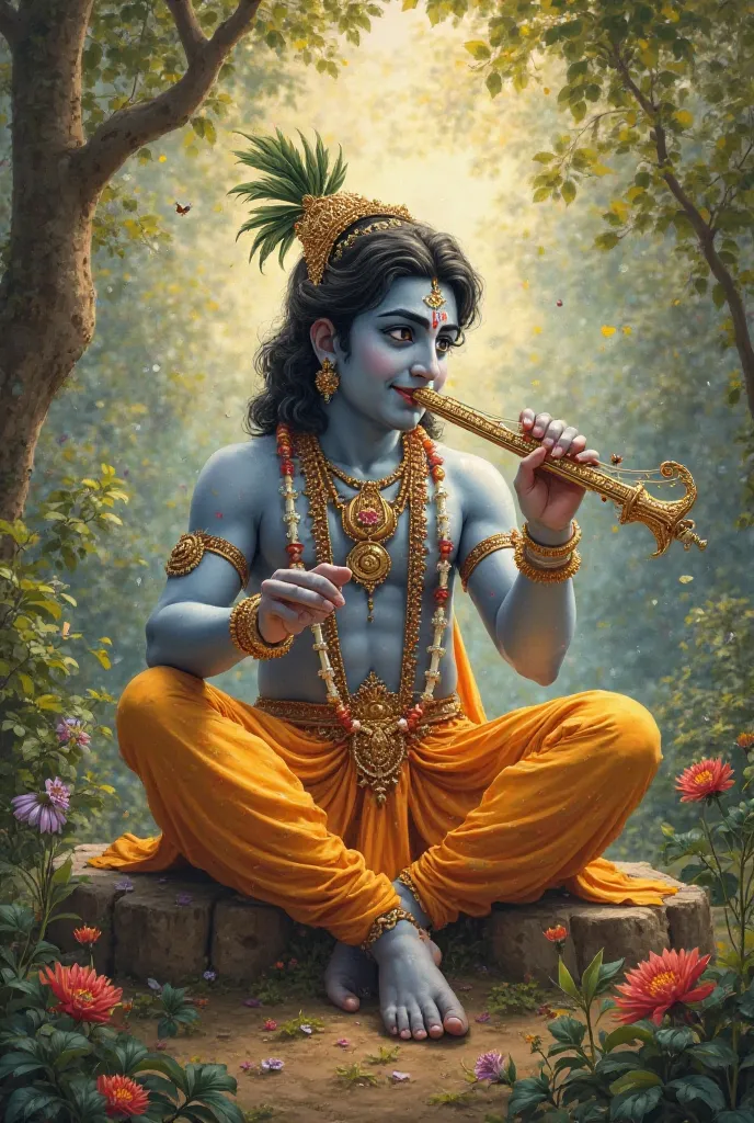 Lord Sri Krishna is sitting and playing Vasudi