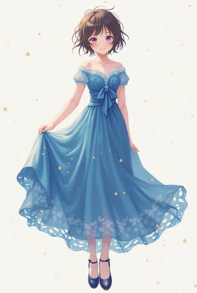  anime girl t-shirt, with short hair, with a tender face and a radiant blue full body dress and heels