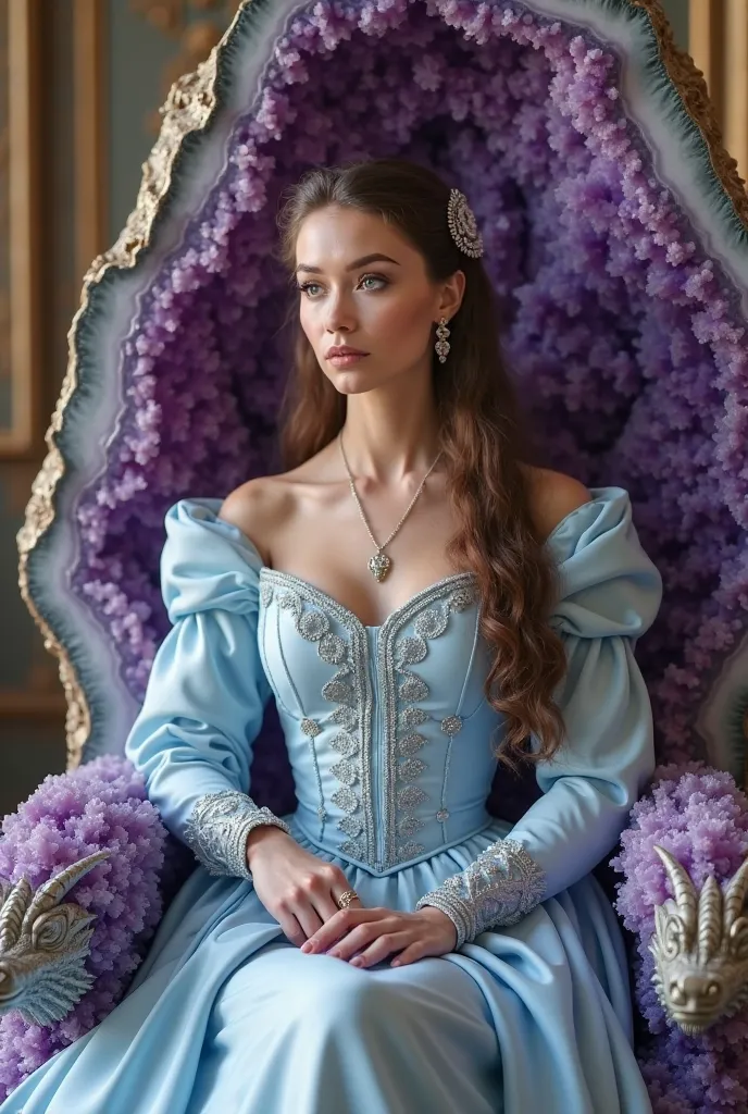 A scandinavian inspired queen with milky brown hair in a light blue gown with a bodice inspired by Nepolean military uniforms sitting on an amethyst geode throne that has dragon heads as hand rests